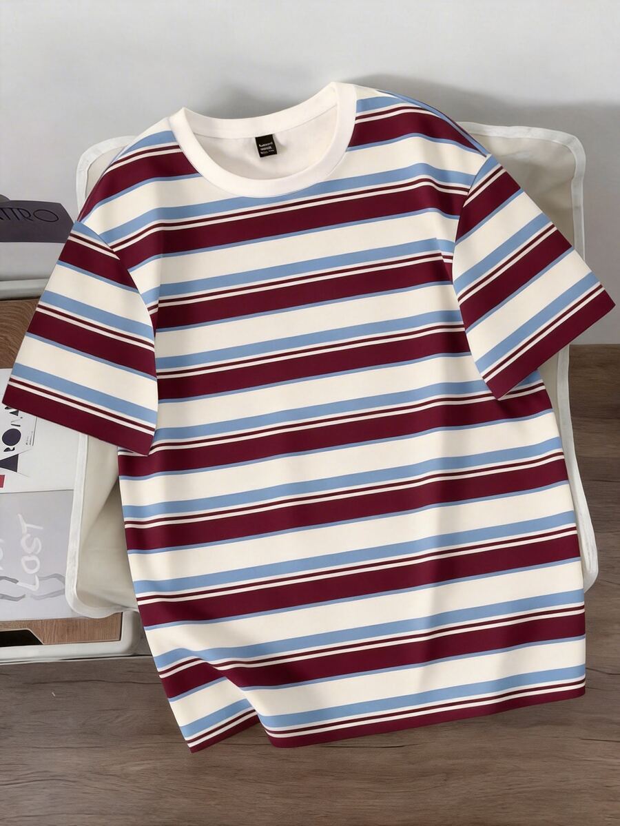 FROVYX Men's Casual Contrast Stripe Print Loose Fit Short Sleeve T-Shirt, Suitable For Summer Holiday & Daily Commute - Multicolor - View 1