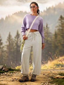 SHEIN Sports 女款純色休閒百搭日常穿著戶外運動運動長褲 - 灰色 - 查看 5