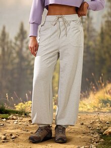 SHEIN Sports 女款純色休閒百搭日常穿著戶外運動運動長褲 - 灰色 - 查看 3