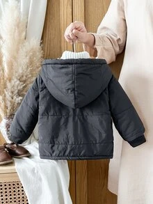 SHEIN Vintaside Kids 男嬰秋冬款編織極簡可愛 3D 毛絨熊刺繡貼布裝飾黑色連帽長袖拉鍊保暖內裡夾克，適合日常外出、上學、購物、戶外跑步、生日派對、冬季旅行及各種節日場合 - 黑色 - 查看 3