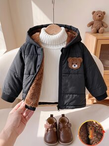 SHEIN Vintaside Kids 男嬰秋冬款編織極簡可愛 3D 毛絨熊刺繡貼布裝飾黑色連帽長袖拉鍊保暖內裡夾克，適合日常外出、上學、購物、戶外跑步、生日派對、冬季旅行及各種節日場合 - 黑色 - 查看 4