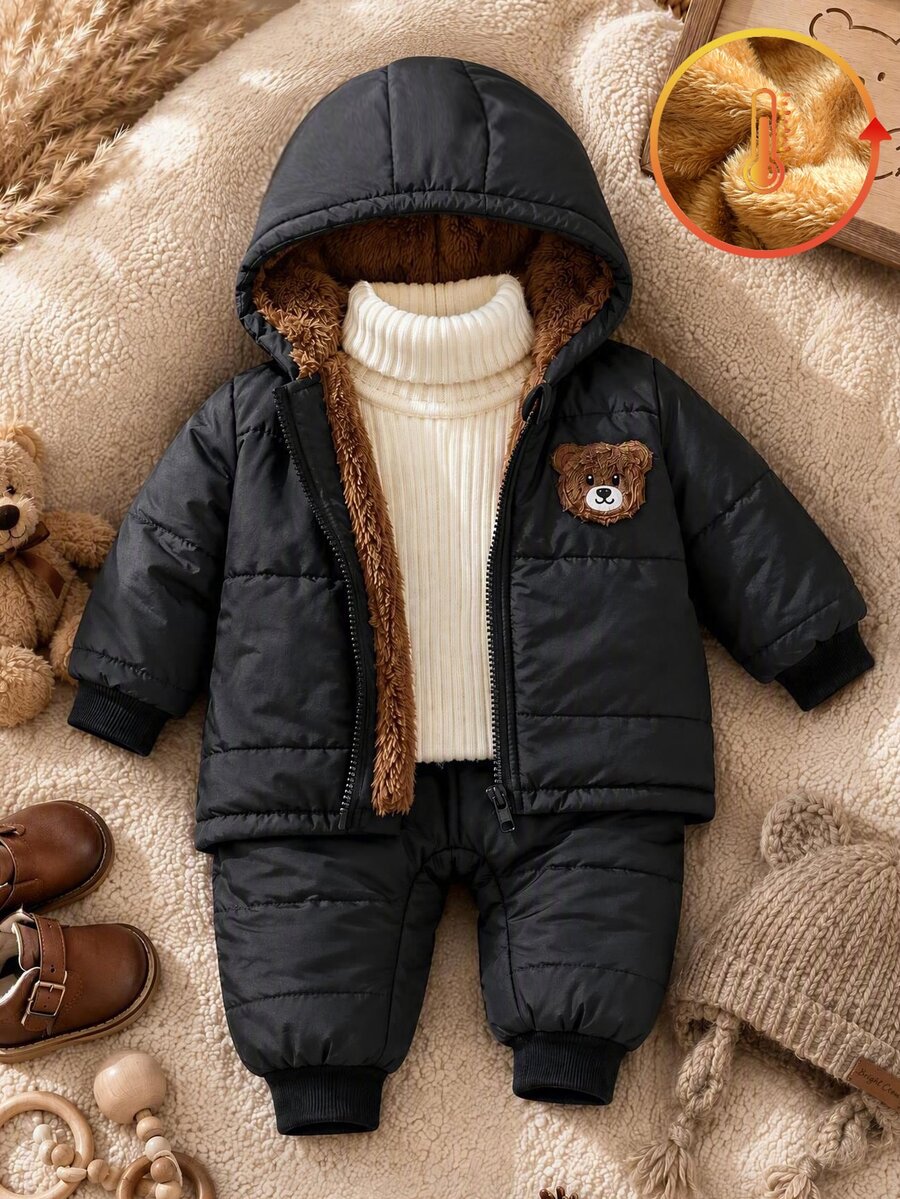 SHEIN Vintaside Kids 男嬰秋冬款編織極簡可愛 3D 毛絨熊刺繡貼布裝飾黑色連帽長袖拉鍊保暖內裡夾克，適合日常外出、上學、購物、戶外跑步、生日派對、冬季旅行及各種節日場合