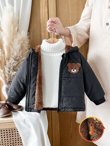 SHEIN Vintaside Kids 男嬰秋冬款編織極簡可愛 3D 毛絨熊刺繡貼布裝飾黑色連帽長袖拉鍊保暖內裡夾克，適合日常外出、上學、購物、戶外跑步、生日派對、冬季旅行及各種節日場合 - 黑色 - 查看 5