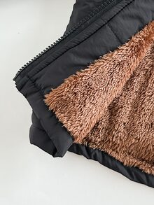 SHEIN Vintaside Kids 男嬰秋冬款編織極簡可愛 3D 毛絨熊刺繡貼布裝飾黑色連帽長袖拉鍊保暖內裡夾克，適合日常外出、上學、購物、戶外跑步、生日派對、冬季旅行及各種節日場合 - 黑色 - 查看 7