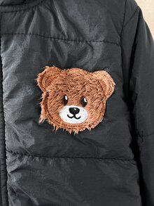SHEIN Vintaside Kids 男嬰秋冬款編織極簡可愛 3D 毛絨熊刺繡貼布裝飾黑色連帽長袖拉鍊保暖內裡夾克，適合日常外出、上學、購物、戶外跑步、生日派對、冬季旅行及各種節日場合 - 黑色 - 查看 6