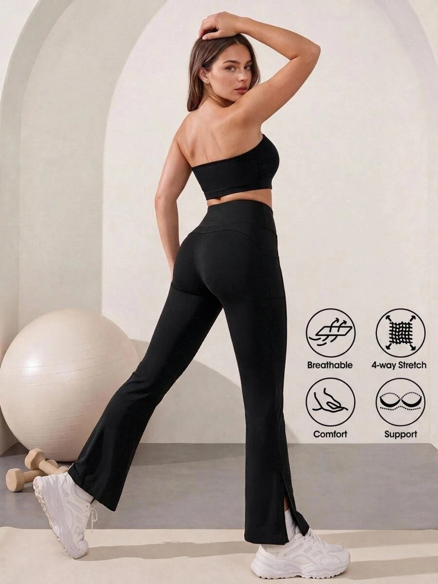 Easithlete Legging Ketat Wanita Warna Polos Pinggang Tinggi Kasual untuk Harian, Perjalanan dan Olahraga - Hitam - View 1
