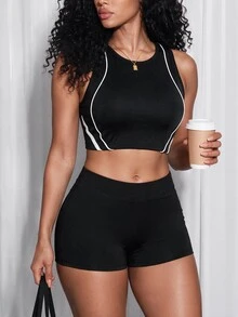 SHEIN Core Rhythm Bra Olahraga Wanita dengan Trim Colorblock Hitam Polos untuk Gym dan Workout Musim Panas Gaya Sporty Athleisure - Hitam - View 5