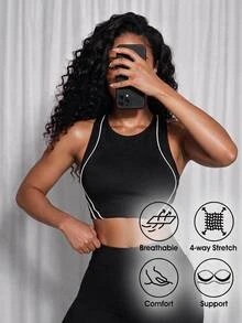 SHEIN Core Rhythm Bra Olahraga Wanita dengan Trim Colorblock Hitam Polos untuk Gym dan Workout Musim Panas Gaya Sporty Athleisure - Hitam - View 1