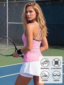 CourtClass Women's Back Cross Design Sports Modest Athleisure Tank Top Tennis Gym Pink And White Summer - Pink - View 1