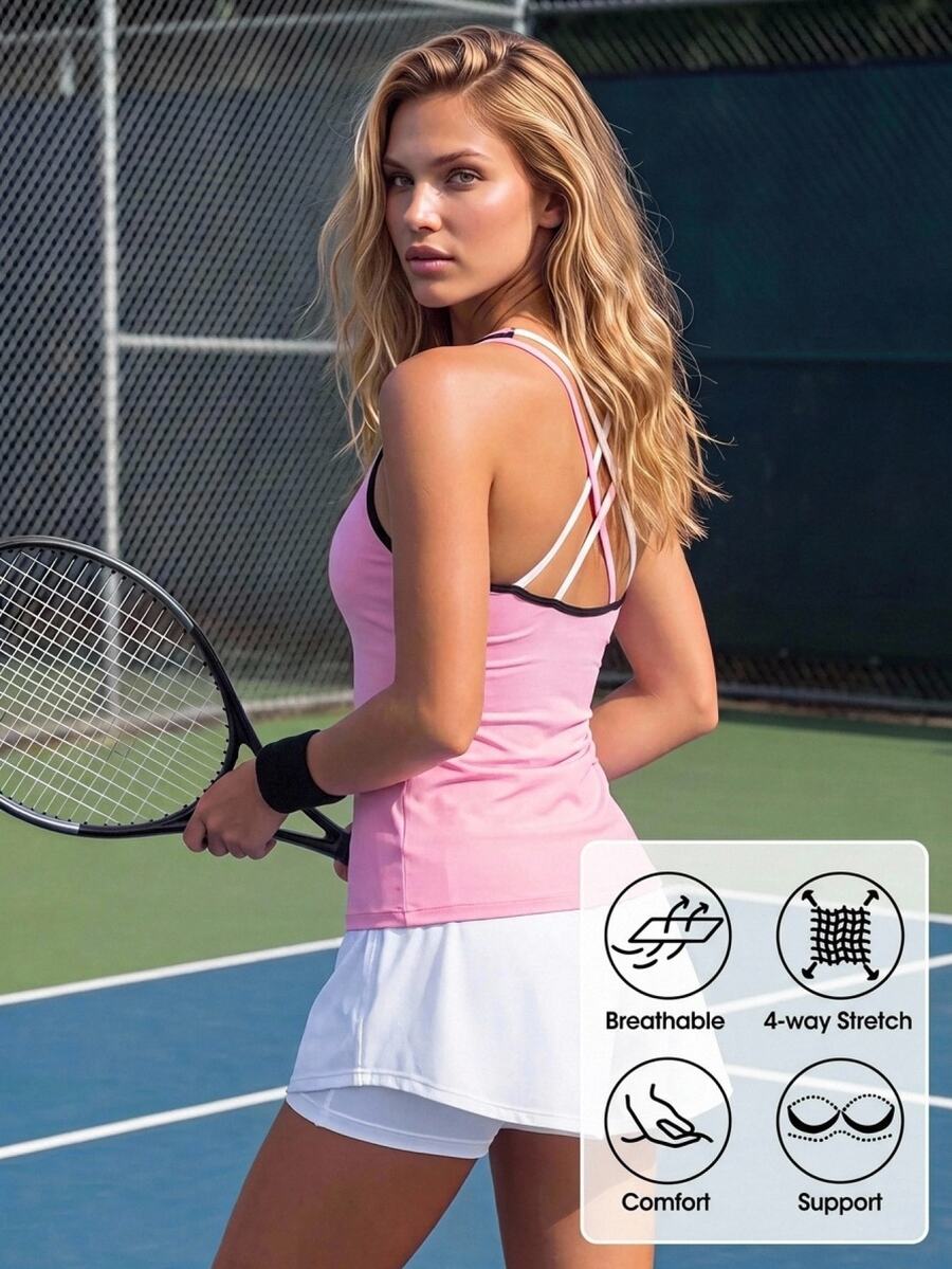 CourtClass Women's Back Cross Design Sports Modest Athleisure Tank Top Tennis Gym Pink And White Summer - Pink - View 1