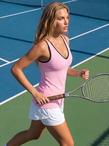 CourtClass Women's Back Cross Design Sports Modest Athleisure Tank Top Tennis Gym Pink And White Summer - Pink - View 6