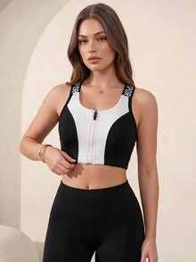 Easithlete Sporty Fashion Zipper Bra With Removable Pads, Black And White, Elastic Adjustable Straps, High Support Lingerie Workout Gym Summer Modest Athleisure - Black and White - View 4