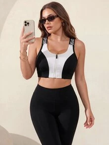 Easithlete Sporty Fashion Zipper Bra With Removable Pads, Black And White, Elastic Adjustable Straps, High Support Lingerie Workout Gym Summer Modest Athleisure - Black and White - View 3