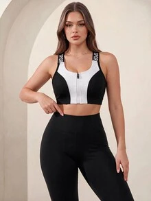 Easithlete Sporty Fashion Zipper Bra With Removable Pads, Black And White, Elastic Adjustable Straps, High Support Lingerie Workout Gym Summer Modest Athleisure - Black and White - View 5