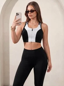Easithlete Sporty Fashion Zipper Bra With Removable Pads, Black And White, Elastic Adjustable Straps, High Support Lingerie Workout Gym Summer Modest Athleisure - Black and White - View 6