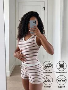 SHEIN Core Rhythm Women's Striped Colorblock Tank Top & Drawstring Waist Shorts Sports Set - Blue - View 1