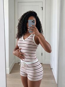 SHEIN Core Rhythm Women's Striped Colorblock Tank Top & Drawstring Waist Shorts Sports Set - Blue - View 3
