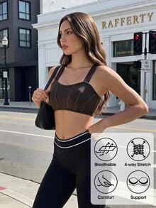 SHEIN Sports Lingerie Sporty Fashion Line dengan Bantalan Cup yang Dapat Dilepas, Patchwork Multi-Garis Cokelat Tua dan Bra Olahraga Gym Musim Panas Sporty Sopan - Coklat - View 1