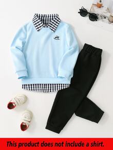SHEIN 2 件套年轻男孩可爱休闲黄色刺绣运动衫和黑色裤子舒适服装，春季 - 淺藍色 - 查看 1