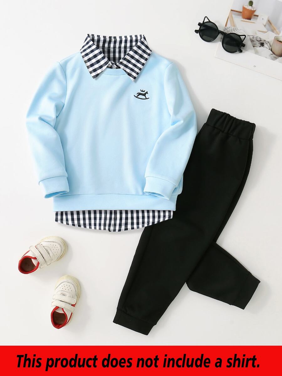 SHEIN 2 件套年轻男孩可爱休闲黄色刺绣运动衫和黑色裤子舒适服装,春季 - 淺藍色 - 查看 1