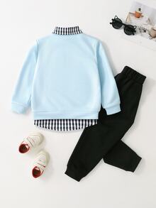 SHEIN 2 件套年轻男孩可爱休闲黄色刺绣运动衫和黑色裤子舒适服装，春季 - 淺藍色 - 查看 2
