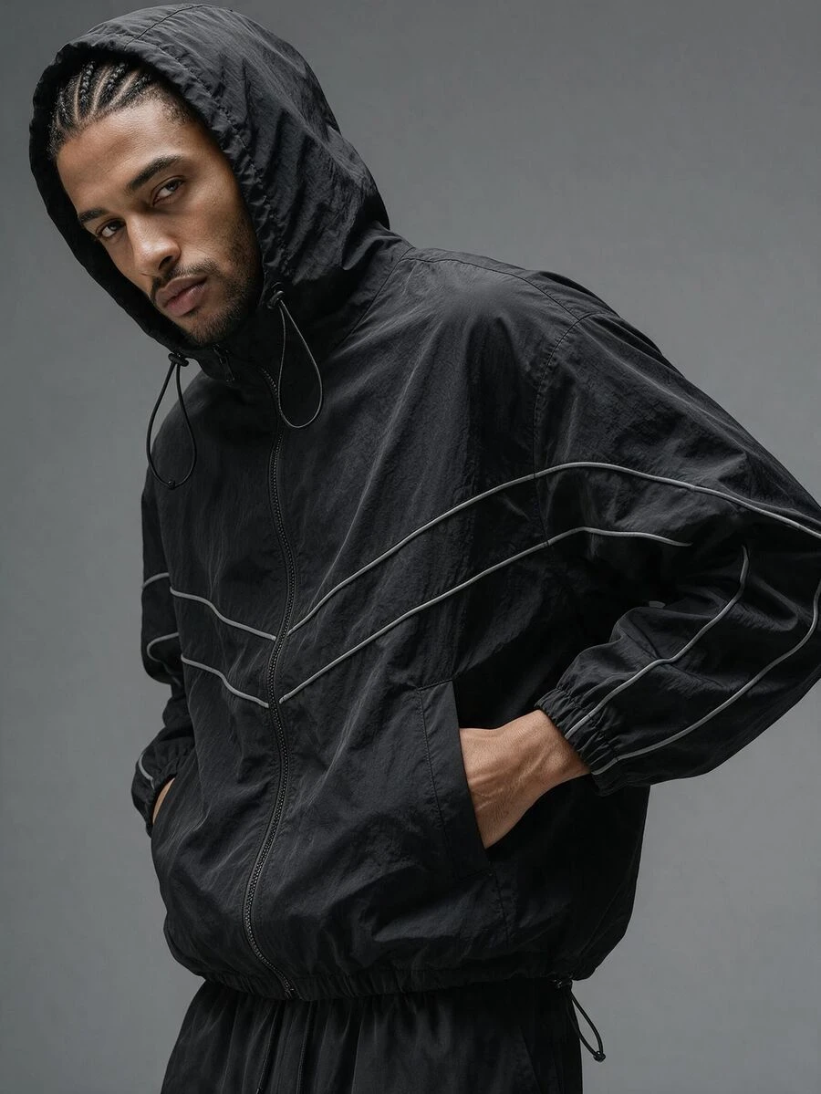 AXEPEAK Men's Woven Fashion Casual Loose Patchwork Open Front Jacket - Black - View 1