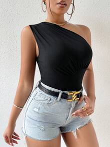 Zolique Atasan Wanita Ruched Plain Casual - Hitam - View 10