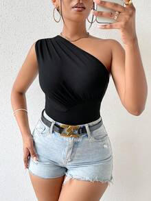 Zolique Atasan Wanita Ruched Plain Casual - Hitam - View 7