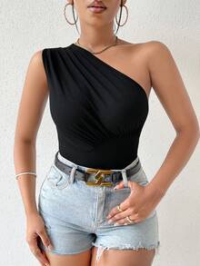 Zolique Atasan Wanita Ruched Plain Casual - Hitam - View 8