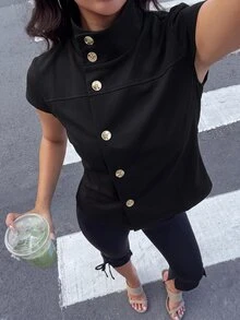Aloruh 極簡通勤風立領鈕扣裝飾前開襟卡其色修身女款襯衫 - 黑色 - 查看 5