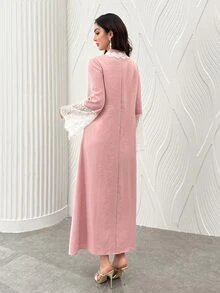 Al Najma Fashionable Lace Patchwork Long Sleeve Loose Flared Slimming Elegant Youthful Date Dress For Women - Dusty Pink - View 8