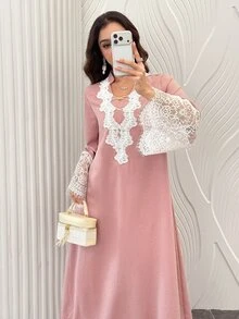 Al Najma Fashionable Lace Patchwork Long Sleeve Loose Flared Slimming Elegant Youthful Date Dress For Women - Dusty Pink - View 6