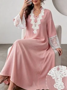 Al Najma Fashionable Lace Patchwork Long Sleeve Loose Flared Slimming Elegant Youthful Date Dress For Women - Dusty Pink - View 5