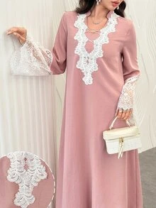 Al Najma Fashionable Lace Patchwork Long Sleeve Loose Flared Slimming Elegant Youthful Date Dress For Women - Dusty Pink - View 7