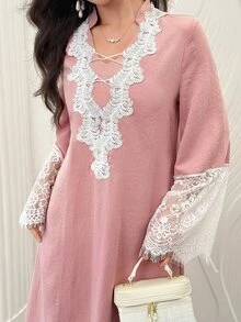 Al Najma Fashionable Lace Patchwork Long Sleeve Loose Flared Slimming Elegant Youthful Date Dress For Women - Dusty Pink - View 9