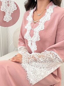 Al Najma Fashionable Lace Patchwork Long Sleeve Loose Flared Slimming Elegant Youthful Date Dress For Women - Dusty Pink - View 3