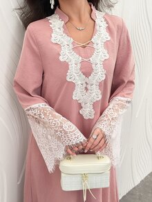 Al Najma Fashionable Lace Patchwork Long Sleeve Loose Flared Slimming Elegant Youthful Date Dress For Women - Dusty Pink - View 2