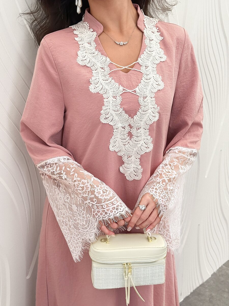 Al Najma Fashionable Lace Patchwork Long Sleeve Loose Flared Slimming Elegant Youthful Date Dress For Women