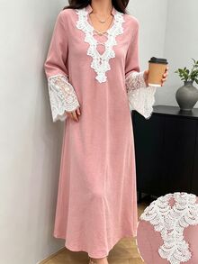 Al Najma Fashionable Lace Patchwork Long Sleeve Loose Flared Slimming Elegant Youthful Date Dress For Women - Dusty Pink - View 4