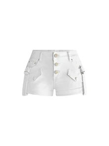 ROMWE Y2K Vintage Style Women's Low Waist Denim Shorts With Button Decor, Versatile Hot Girl Style - White - View 1