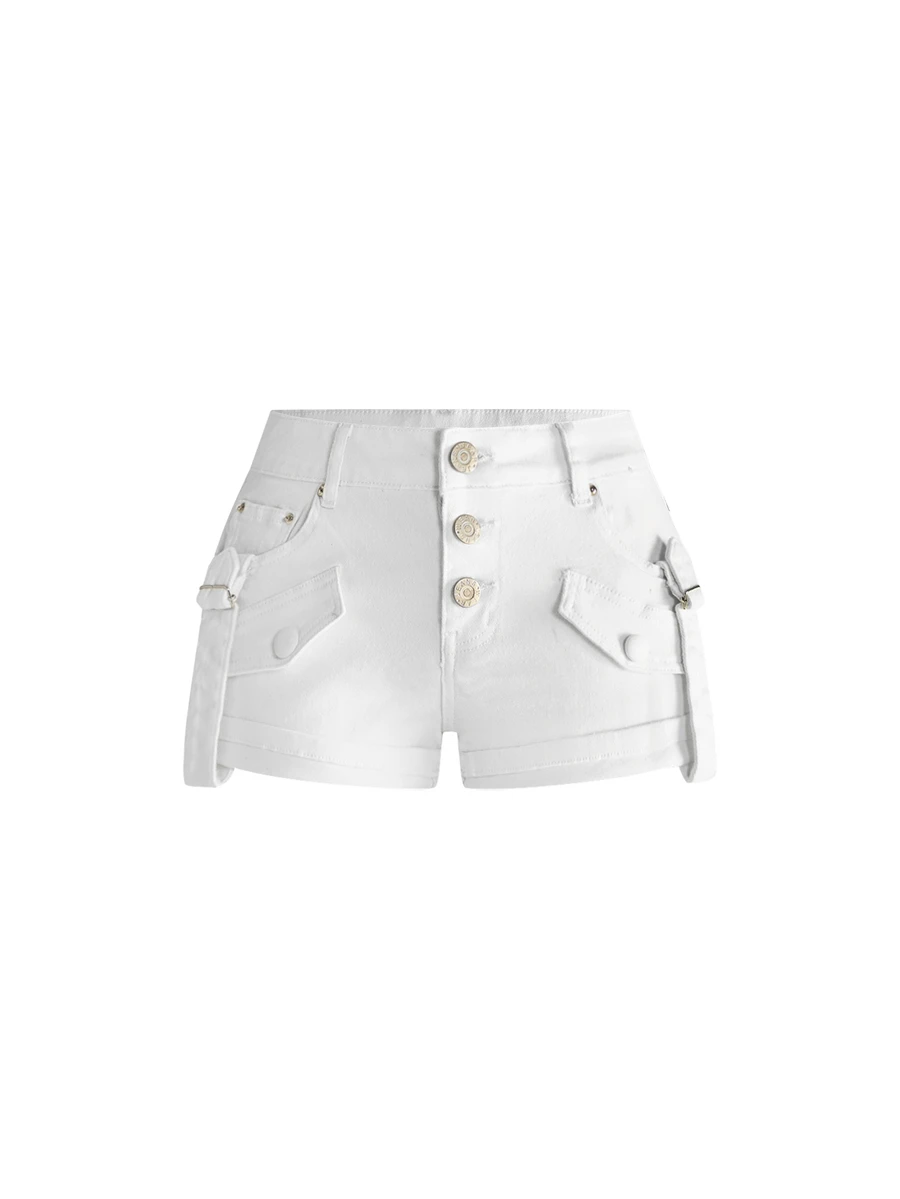ROMWE Y2K Vintage Style Women's Low Waist Denim Shorts With Button Decor, Versatile Hot Girl Style - White - View 1