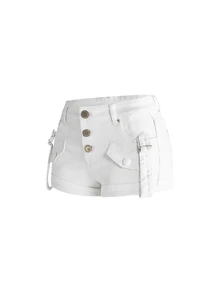 ROMWE Y2K Vintage Style Women's Low Waist Denim Shorts With Button Decor, Versatile Hot Girl Style - White - View 5