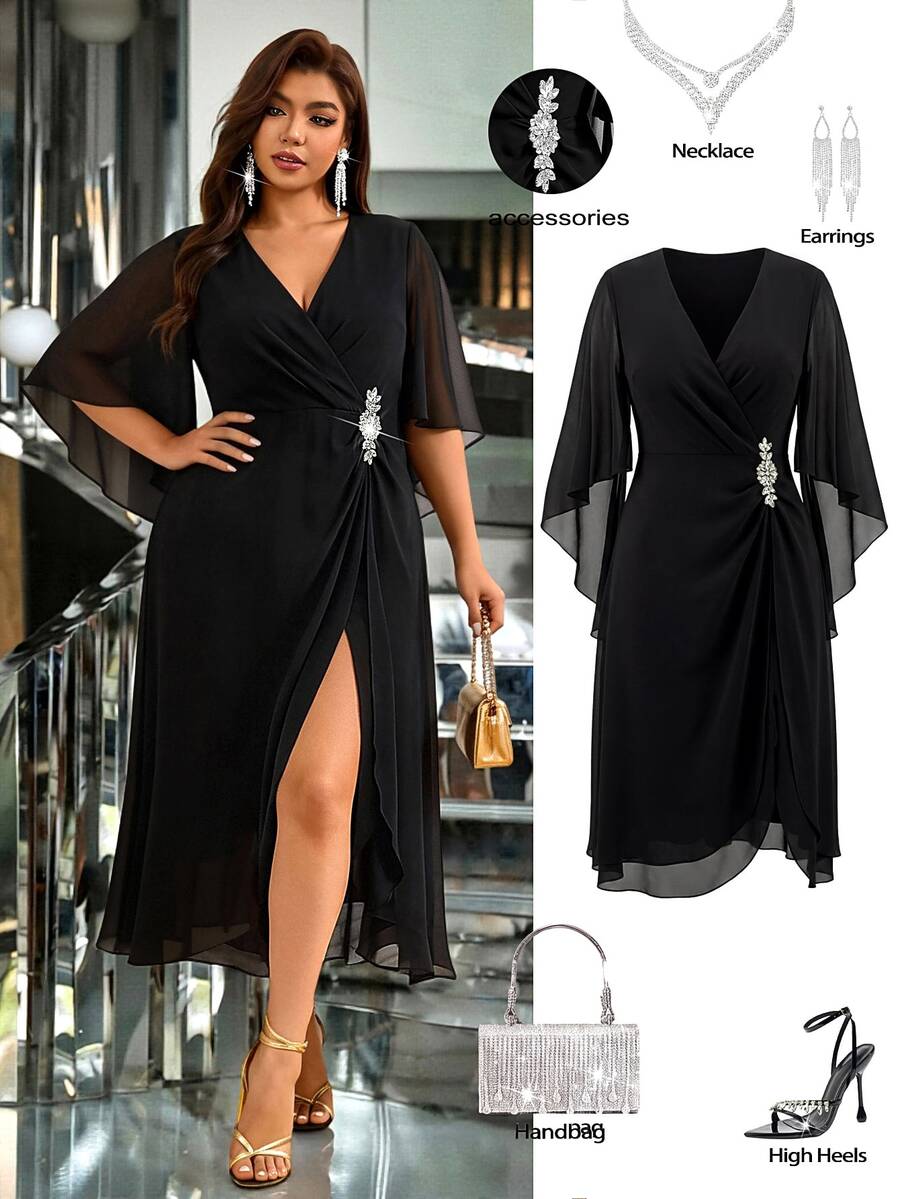 Femmeverse Plus Size Elegant Party Rhinestone Embellished Wrap Dress Fall - Black - View 1