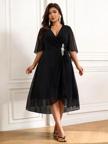 Femmeverse Plus Size Elegant Party Rhinestone Embellished Wrap Dress Fall - Black - View 4