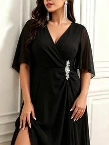 Femmeverse Plus Size Elegant Party Rhinestone Embellished Wrap Dress Fall - Black - View 3