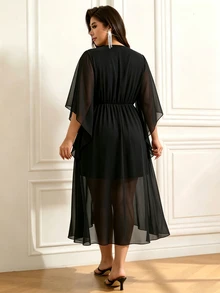 Femmeverse Plus Size Elegant Party Rhinestone Embellished Wrap Dress Fall - Black - View 2