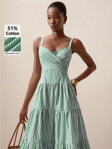 Briarwyn 女款休閒牙買加風熱帶綠白條紋細肩帶度假洋裝 夏季 - 灰綠 - 查看 1