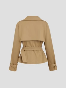 Sweetra Women's Autumn Waist Tie Long Sleeve Short Trench Coat Jacket - Khaki - View 2