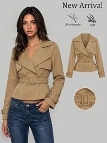 Sweetra Women's Autumn Waist Tie Long Sleeve Short Trench Coat Jacket - Khaki - View 3