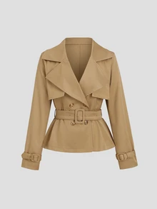Sweetra Women's Autumn Waist Tie Long Sleeve Short Trench Coat Jacket - Khaki - View 1